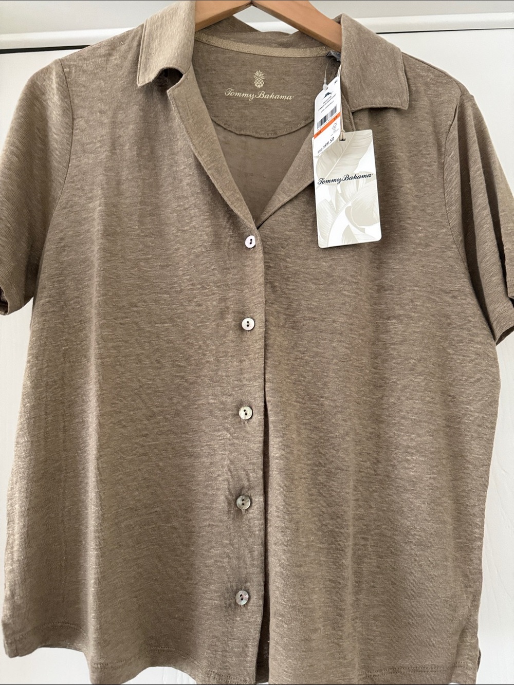 New Linen Tommy Bahama Short-Sleeve Button-Down Shirt in Taupe